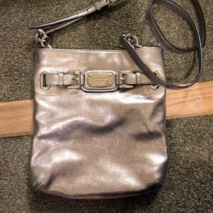 Michael Kors Silver Crossbody Bag with Shimmery Finish and Gold Accents